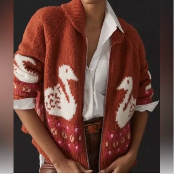 Anthropologie Maeve Wool Front Zipper Cardigan swan print Sweater size XXSP - Picture 2 of 9
